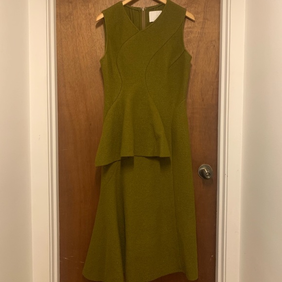 HUGO BOSS Runway wool boucle military green asymmetrical dress - size US 10 - Picture 1 of 13